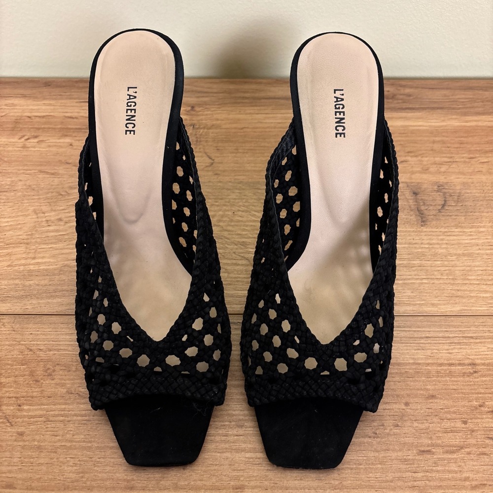 L'AGENCE‎ Jacques Sandal Heels Black Women Size 10 Woven Knit Mule Casual Formal - Picture 3 of 13